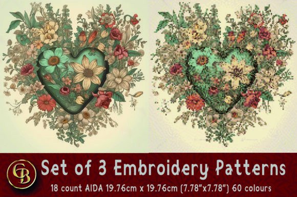 3 Floral Heart Embroidery Patterns
